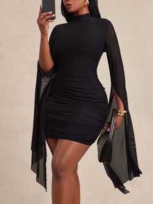 Radiana Curve Plus Size Women's Urban Fashion Elegant Sexy Fitted Mock Neck Sheer Mesh Patchwork Asymmetrical Extra Long Sleeve Ruched Mini Dress, Suitable For Formal Occasions, Banquets, Parties, Date Nights, Balls, Romantic - Black - View 4