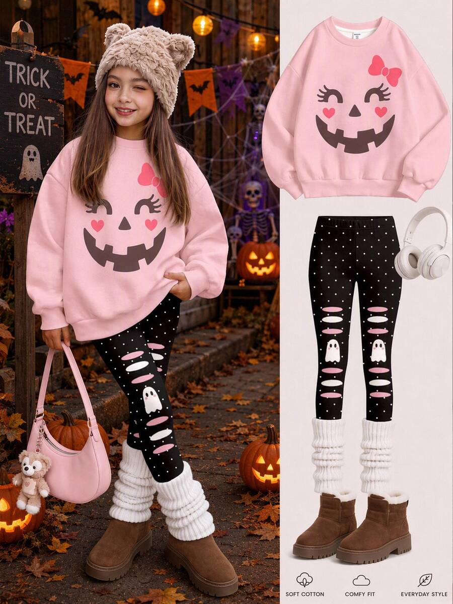 趣味甜美粉黑配色萬聖節南瓜小鬼波點圖案 Trick Or Treat! 青少年女孩休閒柔軟圓領寬鬆套頭衛衣與內搭褲套裝,適合秋冬日常、萬聖節、甜美風格、南瓜季、BOO! 姊妹裝 - 彩色 - 查看 1