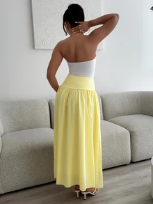 leahseptember Women's Plain Zip Up Gathered Casual Yellow Skirt, Summer Winter Spring - Yellow - View 2