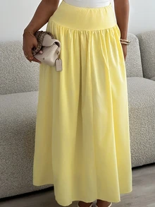leahseptember Women's Plain Zip Up Gathered Casual Yellow Skirt, Summer Winter Spring - Yellow - View 4