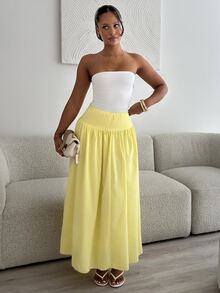 leahseptember Women's Plain Zip Up Gathered Casual Yellow Skirt, Summer Winter Spring - Yellow - View 3