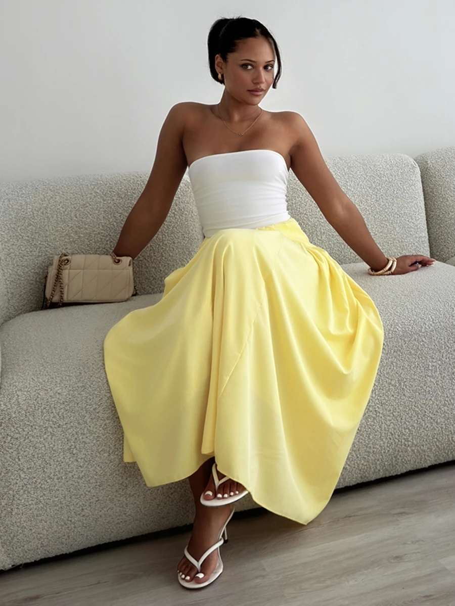 leahseptember Women's Plain Zip Up Gathered Casual Yellow Skirt, Summer Winter Spring - Yellow - View 1