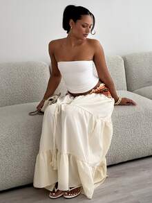 leahseptember Women's Summer Spring Beach Holiday Bohemian Beige Patchwork Heterogeneous Frill Waist Drawstring Fringe Trim Long Skirt - Multicolor - View 5