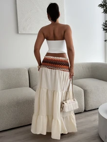 leahseptember Women's Summer Spring Beach Holiday Bohemian Beige Patchwork Heterogeneous Frill Waist Drawstring Fringe Trim Long Skirt - Multicolor - View 2