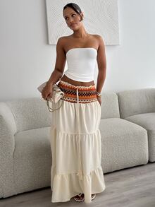 leahseptember Women's Summer Spring Beach Holiday Bohemian Beige Patchwork Heterogeneous Frill Waist Drawstring Fringe Trim Long Skirt - Multicolor - View 6