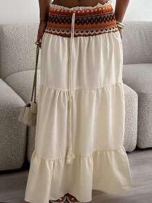 leahseptember Women's Summer Spring Beach Holiday Bohemian Beige Patchwork Heterogeneous Frill Waist Drawstring Fringe Trim Long Skirt - Multicolor - View 3