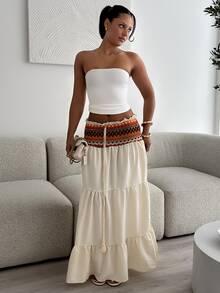 leahseptember Women's Summer Spring Beach Holiday Bohemian Beige Patchwork Heterogeneous Frill Waist Drawstring Fringe Trim Long Skirt - Multicolor - View 1