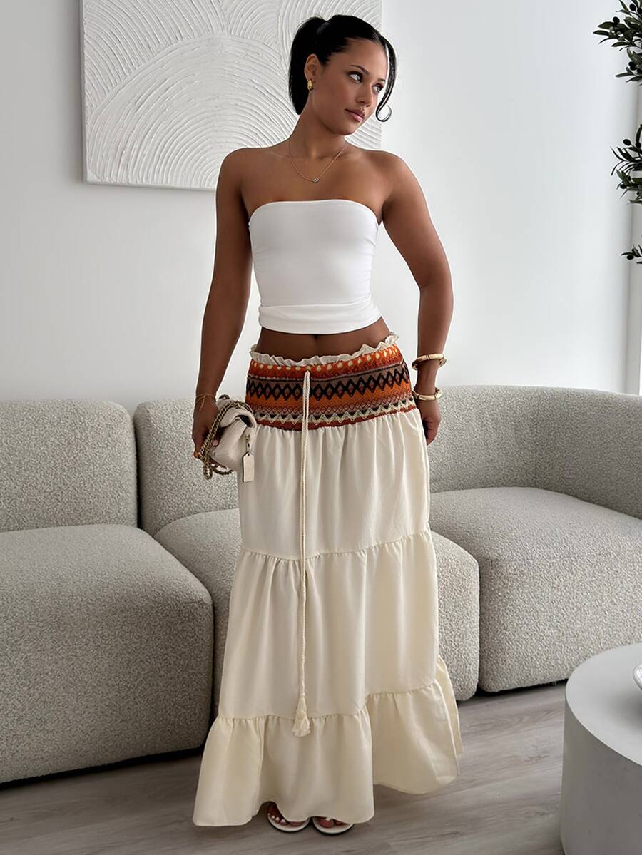 leahseptember Women's Summer Spring Beach Holiday Bohemian Beige Patchwork Heterogeneous Frill Waist Drawstring Fringe Trim Long Skirt - Multicolor - View 1