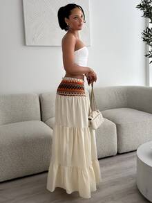 leahseptember Women's Summer Spring Beach Holiday Bohemian Beige Patchwork Heterogeneous Frill Waist Drawstring Fringe Trim Long Skirt - Multicolor - View 4