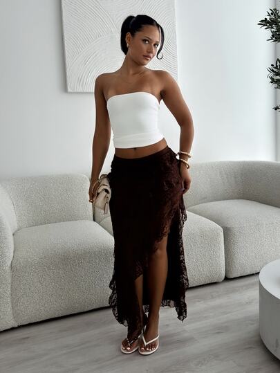 leahseptember Women Brown Ruffled High Slit Lace Midi Skirt,Winter Elegant Tight Tea Party Wedding Banquet Evening Floral Layered High Waist Skirt Outfits
