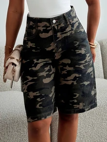leahseptember Women's Camouflage Cotton Denim Shorts, Summer Casual Jorts - Dark Green - View 3