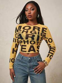 Radiana Plus Size Women's Fashion Casual Street Style Text Slogan Print Colorblock Fitted Basic Sheer Mesh Versatile Layering Tee - Yellow - View 1