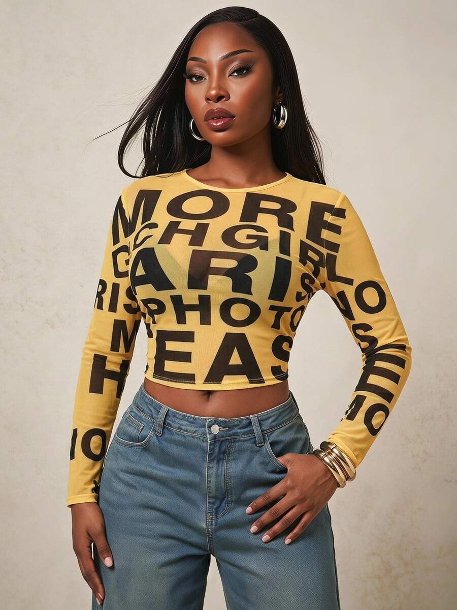 Radiana Plus Size Women's Fashion Casual Street Style Text Slogan Print Colorblock Fitted Basic Sheer Mesh Versatile Layering Tee - Yellow - View 1