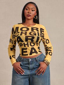 Radiana Plus Size Women's Fashion Casual Street Style Text Slogan Print Colorblock Fitted Basic Sheer Mesh Versatile Layering Tee - Yellow - View 7
