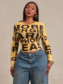 Radiana Plus Size Women's Fashion Casual Street Style Text Slogan Print Colorblock Fitted Basic Sheer Mesh Versatile Layering Tee - Yellow - View 6
