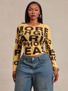 Radiana Plus Size Women's Fashion Casual Street Style Text Slogan Print Colorblock Fitted Basic Sheer Mesh Versatile Layering Tee - Yellow - View 5