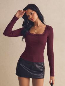 Tween Girl Tween Girl Lace Square Neck Simple Versatile Comfortable Fashion Top Suitable For Daily Wear, Party, Outing Fall/Winter - Burgundy - View 2
