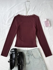 Tween Girl Tween Girl Lace Square Neck Simple Versatile Comfortable Fashion Top Suitable For Daily Wear, Party, Outing Fall/Winter - Burgundy - View 7