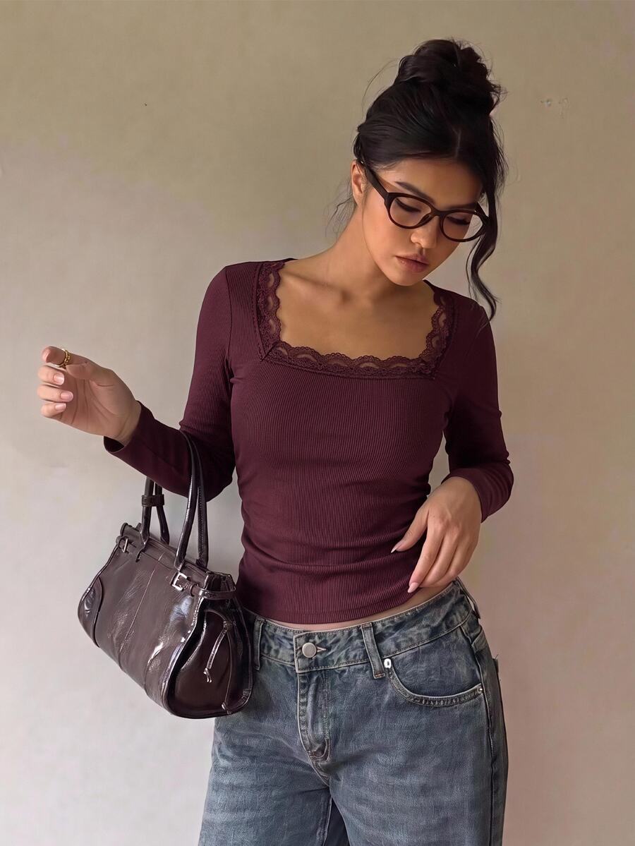 Tween Girl Tween Girl Lace Square Neck Simple Versatile Comfortable Fashion Top Suitable For Daily Wear, Party, Outing Fall/Winter - Burgundy - View 1