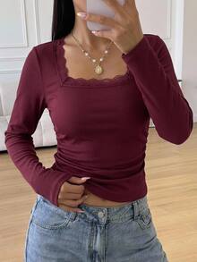 Tween Girl Tween Girl Lace Square Neck Simple Versatile Comfortable Fashion Top Suitable For Daily Wear, Party, Outing Fall/Winter - Burgundy - View 4