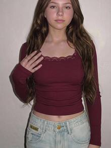 Tween Girl Tween Girl Lace Square Neck Simple Versatile Comfortable Fashion Top Suitable For Daily Wear, Party, Outing Fall/Winter - Burgundy - View 5