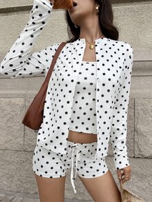 MainGRL 女款白色黑波點細肩帶背心、短褲與長袖開襟衫休閒日常套裝，適合早午餐、野餐、秋季穿著 - 白色 - 查看 6