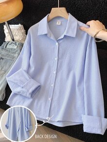 SHEIN 青少年女孩秋季藍白條紋後開衩寬鬆長袖襯衫，適合日常返校穿著 - 藍白色 - 查看 1