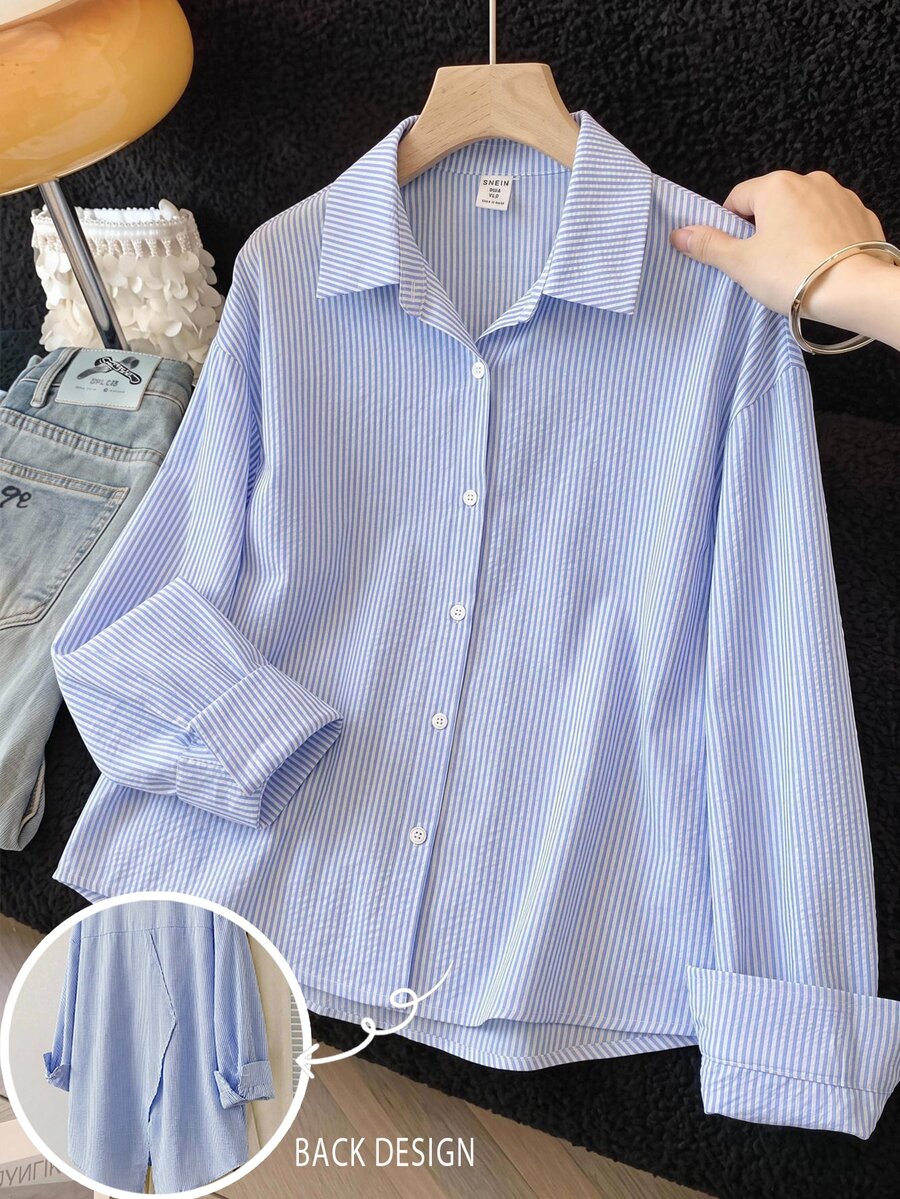 SHEIN 青少年女孩秋季藍白條紋後開衩寬鬆長袖襯衫，適合日常返校穿著 - 藍白色 - 查看 1