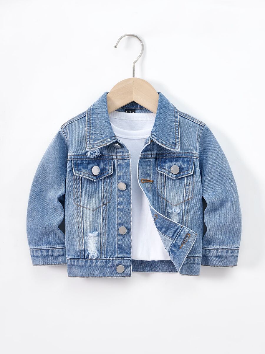 SHEIN Playful Pals Baby Boys Distressed Denim Jacket, Washed Relaxed Fit Casual Denim Outerwear Autumn Fall - Medium Wash - View 1