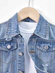 SHEIN Playful Pals Baby Boys Distressed Denim Jacket, Washed Relaxed Fit Casual Denim Outerwear Autumn Fall - Medium Wash - View 5