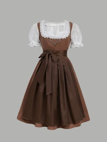 Fairmaia Gaun Festival Bir Model A-Line dengan Detail Renda Baru, Kancing Dekoratif yang Indah, dan Pinggang yang Dikencangkan, Berpotongan Leher Berenda, dan Pinggang yang Diikat. - Coklat - View 5