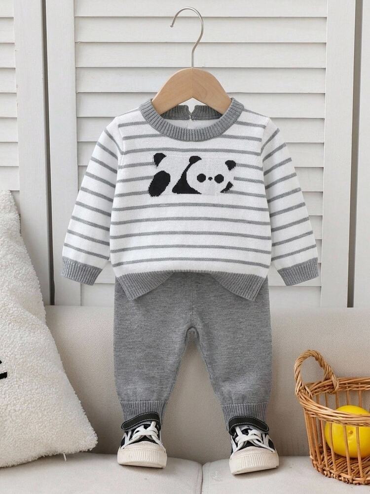 SHEIN Fall Clothes Winter Baby Boys Grey Long Sleeve Animal Sweater & Pants Set, Back To School, Cozy Soft, Festival Outfits Christmas Casual Daily Wear - Grey - View 10