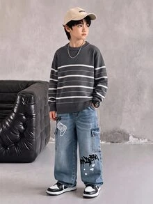 SHEIN 8-12歲男孩對比白色條紋圓領針織毛衣，純色+虛線條紋長袖套頭衫，柔軟日常、外出、校服內搭 - 灰色 - 查看 1