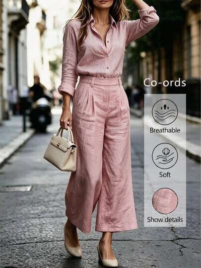 Balvessa Loose Fit Lapel Long Sleeve Shirt & High Waist Pleated Cropped Wide Leg Linen Pants 2 Pieces Set, Draping Slimming, Commute & Casual Wear