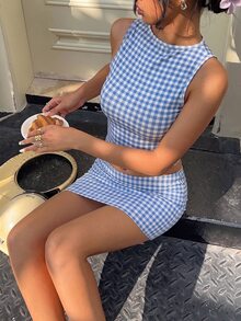 MainGRL 女款格紋短版上衣與迷你裙休閒法式可愛性感日常兩件套 白色與藍色夏季度假 - 彩色 - 查看 2