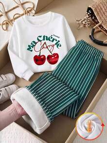 Tween Girl Cherry Print Long Sleeve T-Shirt And Striped Pants Set - Green - View 1