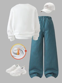 Tween Girl Cherry Print Long Sleeve T-Shirt And Striped Pants Set - Green - View 2