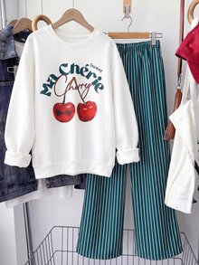 Tween Girl Cherry Print Long Sleeve T-Shirt And Striped Pants Set - Green - View 4