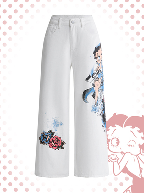 Betty Boop | ROMWE Jeans de mujer de cintura baja y pierna ancha con estampado de personajes de dibujos animados bordados, estilo casual hip-hop