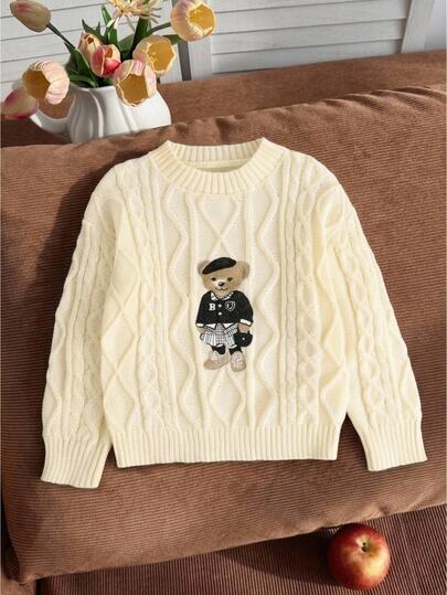 SHEIN Gadis Muda Fashion Vintage Musim Gugur/Musim Dingin Sweater Leher Bulat Rajut Kabel Aprikot Pola Beruang Lucu Automne Hiver 2026 Atasan Lengan Panjang Kembali ke Sekolah Herbst Outfit