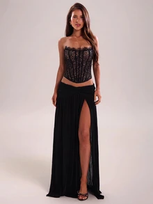 SHEIN BAE 女款蕾絲拼接性感百搭抹胸上衣 - 黑色 - 查看 1