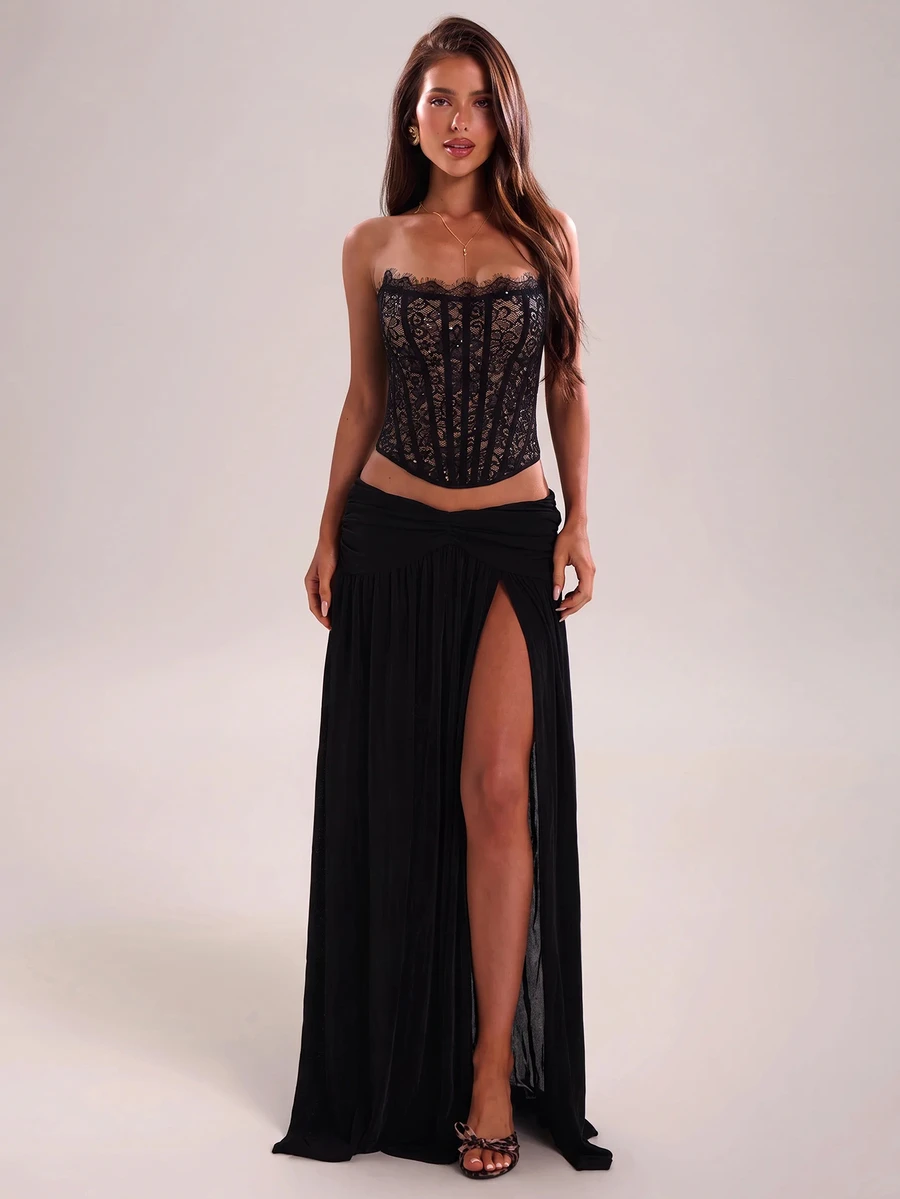 SHEIN BAE 女款蕾絲拼接性感百搭抹胸上衣 - 黑色 - 查看 1
