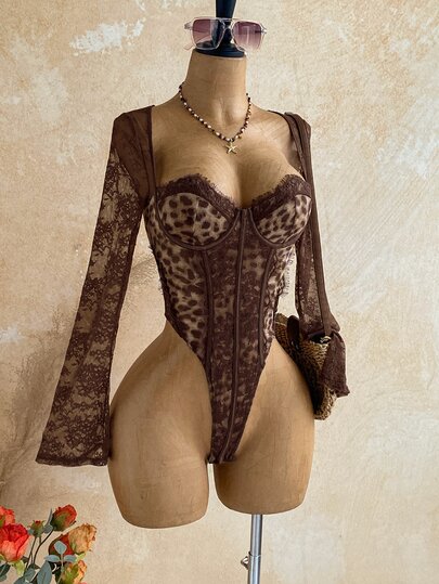 Soleia Body sexy con estampado de leopardo, copas delanteras, ribete de encaje, varillas, tirantes finos, manga larga ajustada y acampanada, se puede usar como ropa interior o exterior, adecuado para fiesta nocturna, vacaciones, cita, Día de San Valentín, té de la tarde