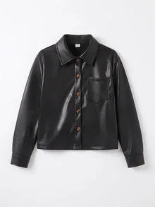 SHEIN 女童素色百搭極簡日常秋冬翻領夾克外套 - 黑色 - 查看 3
