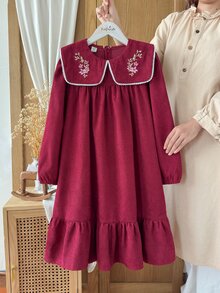 Vintaside Kids 女童秋季酒紅色燈芯絨公主洋裝，甜美復古風刺繡花卉彼得潘領長袖洋裝，荷葉邊下擺設計，休閒校園風，適合日常穿著、假日派對、旅行度假、公園散步 - 酒紅色 - 查看 8