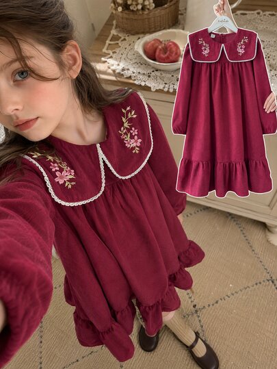 Vintaside Kids Girls' Autumn Burgundy Corduroy Dress, Sweet Vintage Style Embroidered Floral Peter Pan Collar Long Sleeve Princess Dress, Ruffle Hem Design, Casual School Style For Daily Wear, Holiday Party, Travel, Vacation, Park Walks