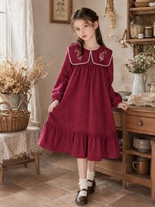 Vintaside Kids 女童秋季酒紅色燈芯絨公主洋裝，甜美復古風刺繡花卉彼得潘領長袖洋裝，荷葉邊下擺設計，休閒校園風，適合日常穿著、假日派對、旅行度假、公園散步 - 酒紅色 - 查看 3