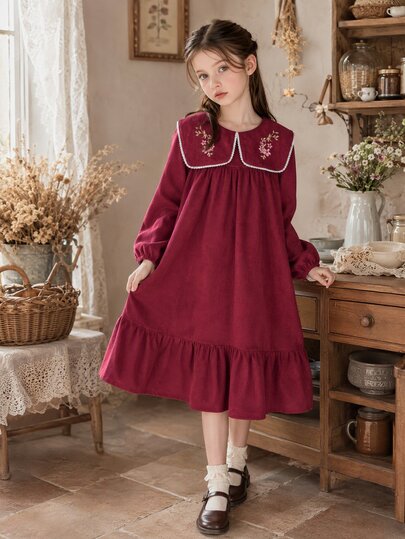 Vintaside Kids فستان حفل العودة للمنزل للفتيات المراهقات باللون الأحمر مع نقوش زهرية وأكمام طويلة، زي هالوين بأسلوب الخريف الأمريكي
