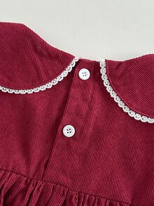 Vintaside Kids 女童秋季酒紅色燈芯絨公主洋裝，甜美復古風刺繡花卉彼得潘領長袖洋裝，荷葉邊下擺設計，休閒校園風，適合日常穿著、假日派對、旅行度假、公園散步 - 酒紅色 - 查看 6