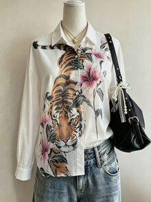 Lalippa 休閒時尚百搭大尺碼女款花卉虎紋印花長袖襯衫 - 彩色 - 查看 4